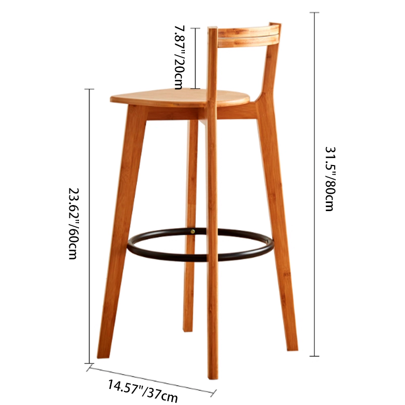 Modern Minimalist Nan Bamboo Square Bar Stool Backrest Armless Footrest For Dining Room