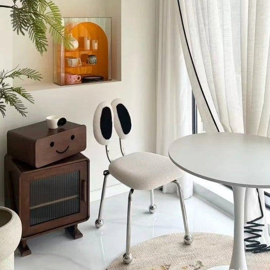 Contemporary Creative Lamb Fleece Stainless Steel Rectangular Vanity Stool Double Oval Backrest Armless Swivel For Bedroom