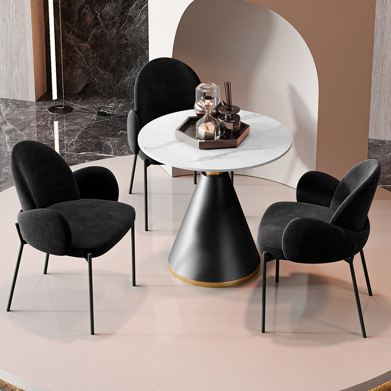 Modern Luxury Frosted Velvet Sponge Metal Frame Curved Round Sintered Stone Carbon Steel Dining Table & Chair Set for 4 Seats