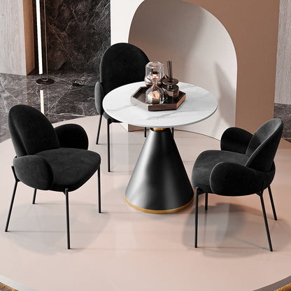 Modern Luxury Frosted Velvet Sponge Metal Frame Curved Round Sintered Stone Carbon Steel Dining Table & Chair Set for 4 Seats