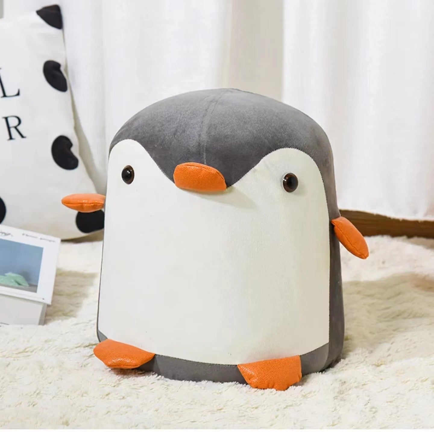 Contemporary Creative Kids Velvet Sponge Fireproof Board Penguin Shaped Low Stool Backrest Armless For Living Room