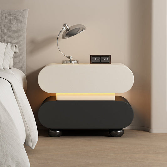 Contemporary Creative Stacked Rounded Rectangle Faux Leather Wood Sensor Light Nightstand 2-Drawer For Bedroom