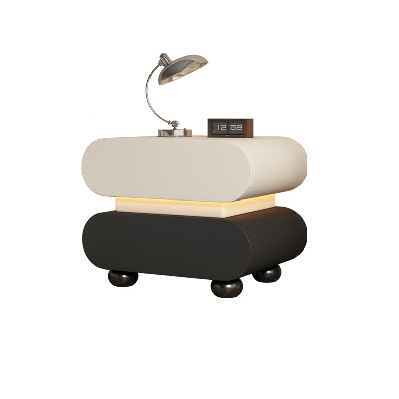Contemporary Creative Stacked Rounded Rectangle Faux Leather Wood Sensor Light Nightstand 2-Drawer For Bedroom