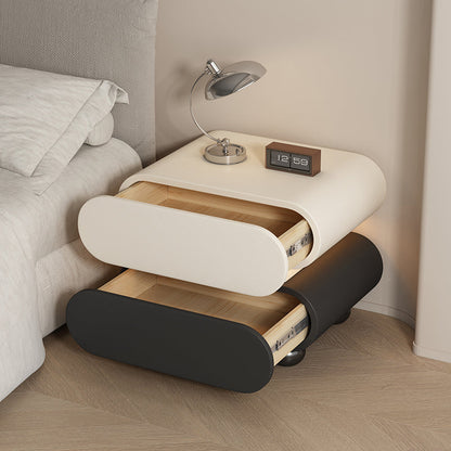 Contemporary Creative Stacked Rounded Rectangle Faux Leather Wood Sensor Light Nightstand 2-Drawer For Bedroom