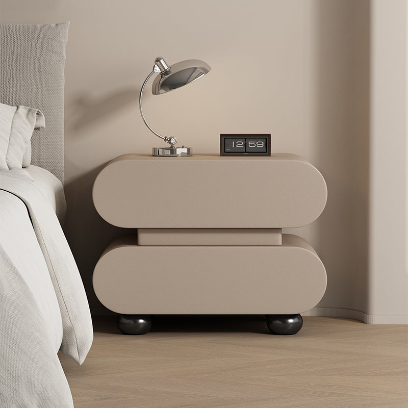 Contemporary Creative Stacked Rounded Rectangle Faux Leather Wood Sensor Light Nightstand 2-Drawer For Bedroom