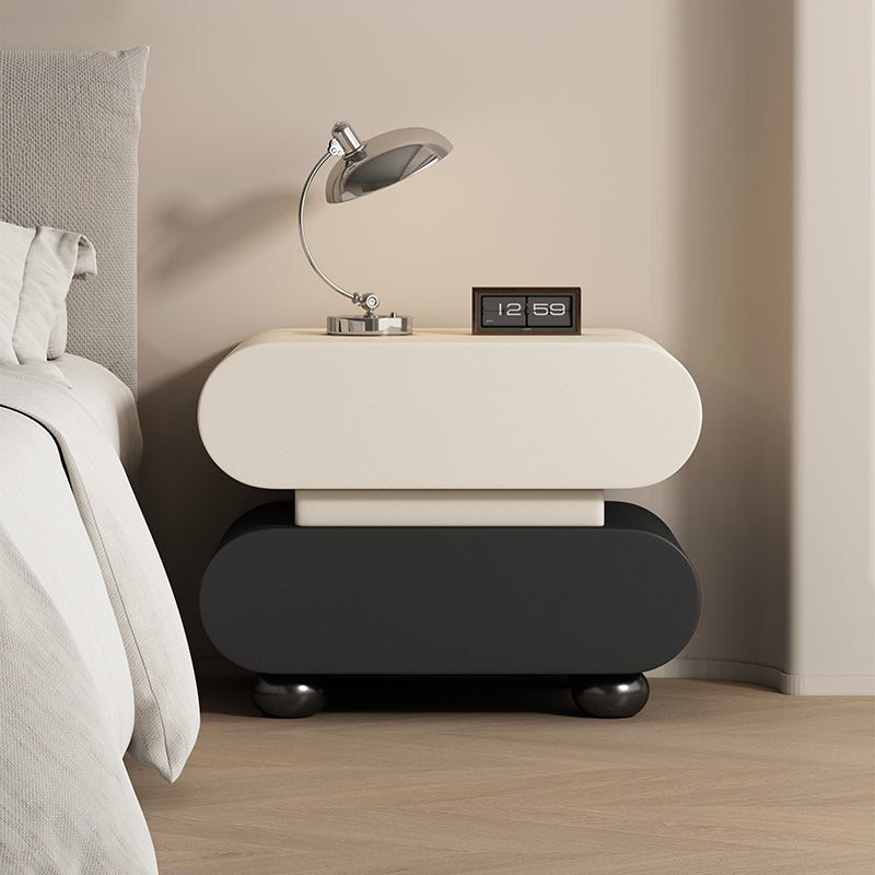 Contemporary Creative Stacked Rounded Rectangle Faux Leather Wood Sensor Light Nightstand 2-Drawer For Bedroom