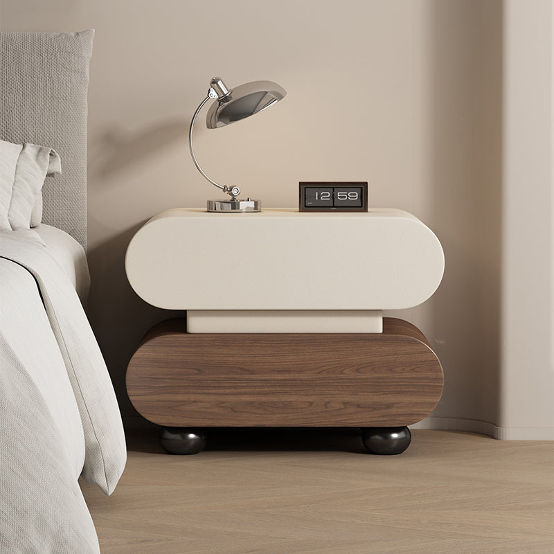 Contemporary Creative Stacked Rounded Rectangle Faux Leather Wood Sensor Light Nightstand 2-Drawer For Bedroom