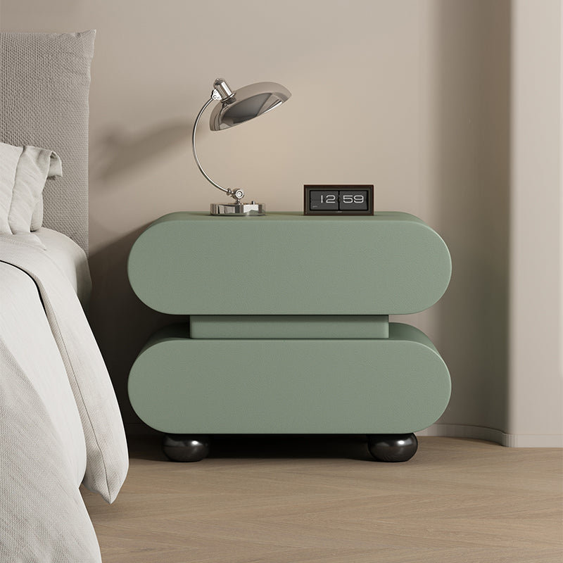Contemporary Creative Stacked Rounded Rectangle Faux Leather Wood Sensor Light Nightstand 2-Drawer For Bedroom