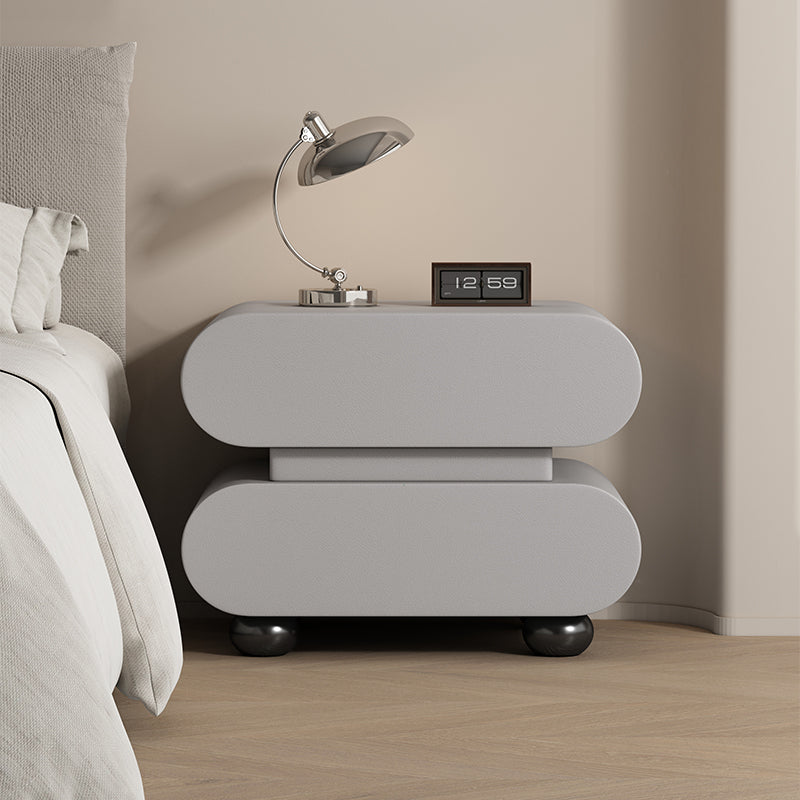 Contemporary Creative Stacked Rounded Rectangle Faux Leather Wood Sensor Light Nightstand 2-Drawer For Bedroom
