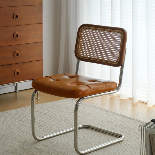 Traditional Vintage Arc Stainless Steel Leather Sponge Plastic Rattan Weaving Dining Chair Backrest Armless For Dining Room