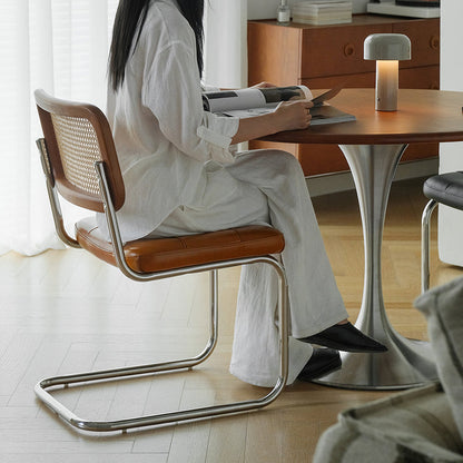 Traditional Vintage Arc Stainless Steel Leather Sponge Plastic Rattan Weaving Dining Chair Backrest Armless For Dining Room