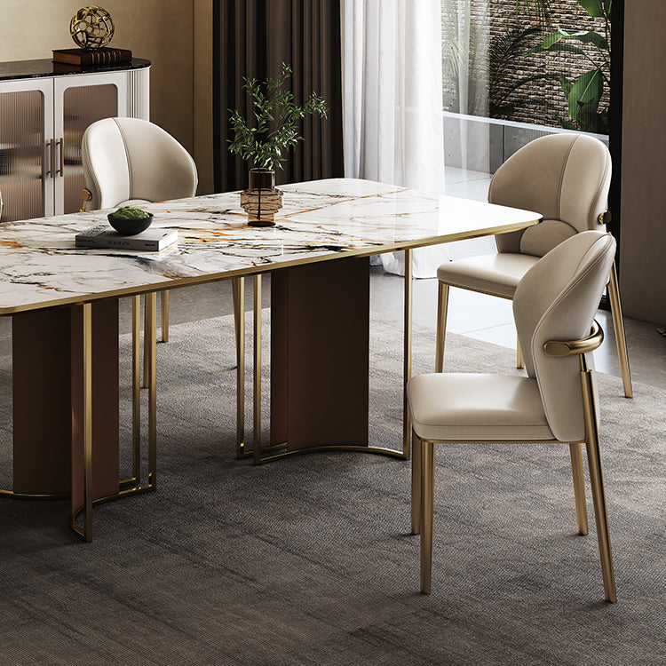 Contemporary Scandinavian Cowhide Leather Stainless Steel Latex Sponge Square Curved Dining Chair Backrest Armless For Dining Room