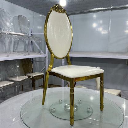 Traditional European Waxed Leather Sponge Stainless Steel Oval Carved Dining Chair Backrest For Dining Room