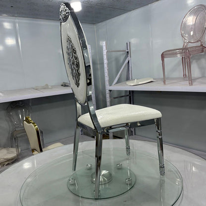 Traditional European Waxed Leather Sponge Stainless Steel Oval Carved Dining Chair Backrest For Dining Room