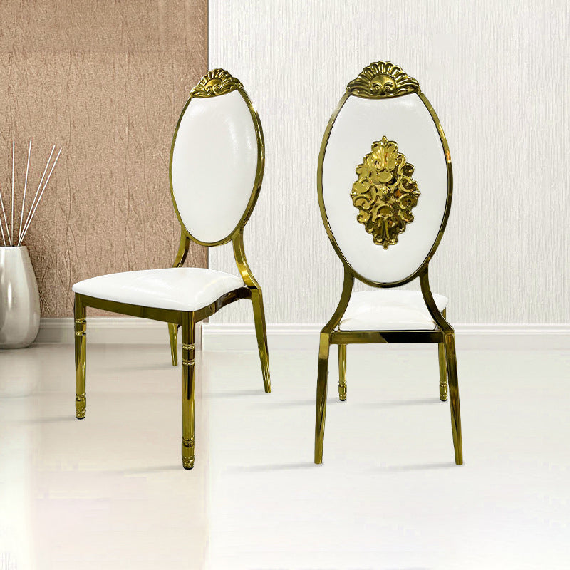 Traditional European Waxed Leather Sponge Stainless Steel Oval Carved Dining Chair Backrest For Dining Room