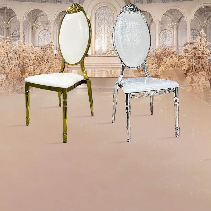 Traditional European Waxed Leather Sponge Stainless Steel Oval Carved Dining Chair Backrest For Dining Room