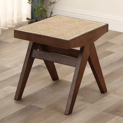Traditional Japanese Weaving Rubber Wood Rattan Rectangular Square Low Stool Backless For Dining Room