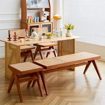 Traditional Japanese Weaving Rubber Wood Rattan Rectangular Square Low Stool Backless For Dining Room