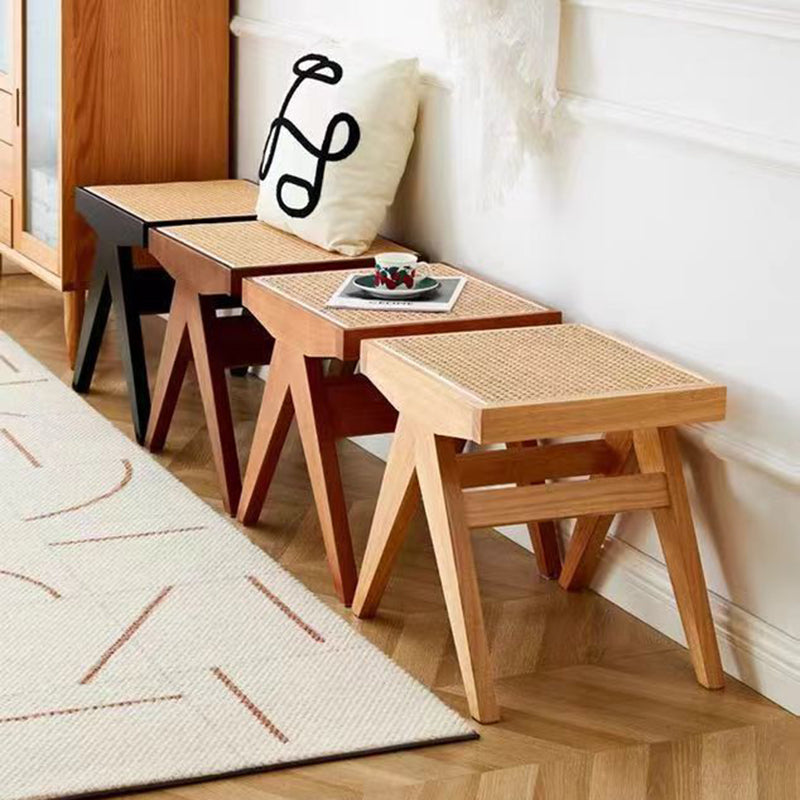Traditional Japanese Weaving Rubber Wood Rattan Rectangular Square Low Stool Backless For Dining Room