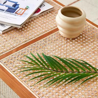 Traditional Japanese Weaving Rubber Wood Rattan Rectangular Square Low Stool Backless For Dining Room