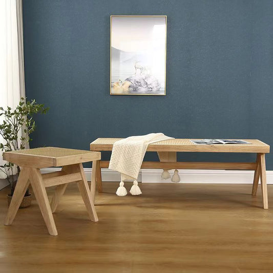 Traditional Japanese Weaving Rubber Wood Rattan Rectangular Square Low Stool Backless For Dining Room