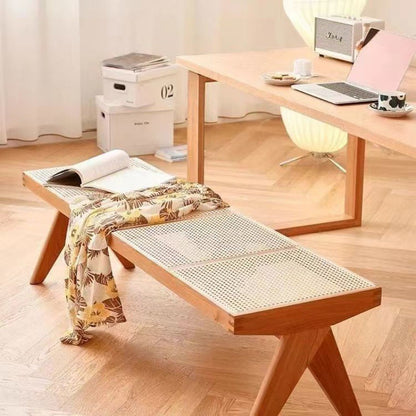 Traditional Japanese Weaving Rubber Wood Rattan Rectangular Square Low Stool Backless For Dining Room