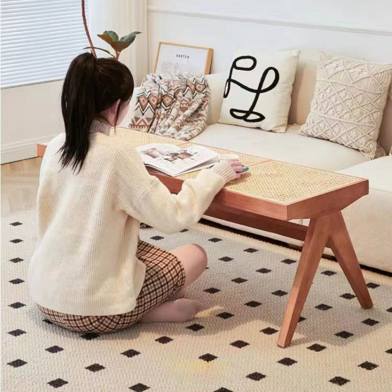 Traditional Japanese Weaving Rubber Wood Rattan Rectangular Square Low Stool Backless For Dining Room