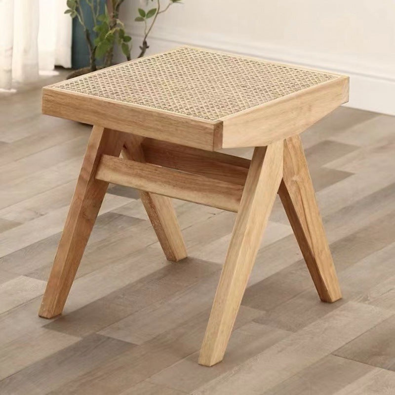 Traditional Japanese Weaving Rubber Wood Rattan Rectangular Square Low Stool Backless For Dining Room