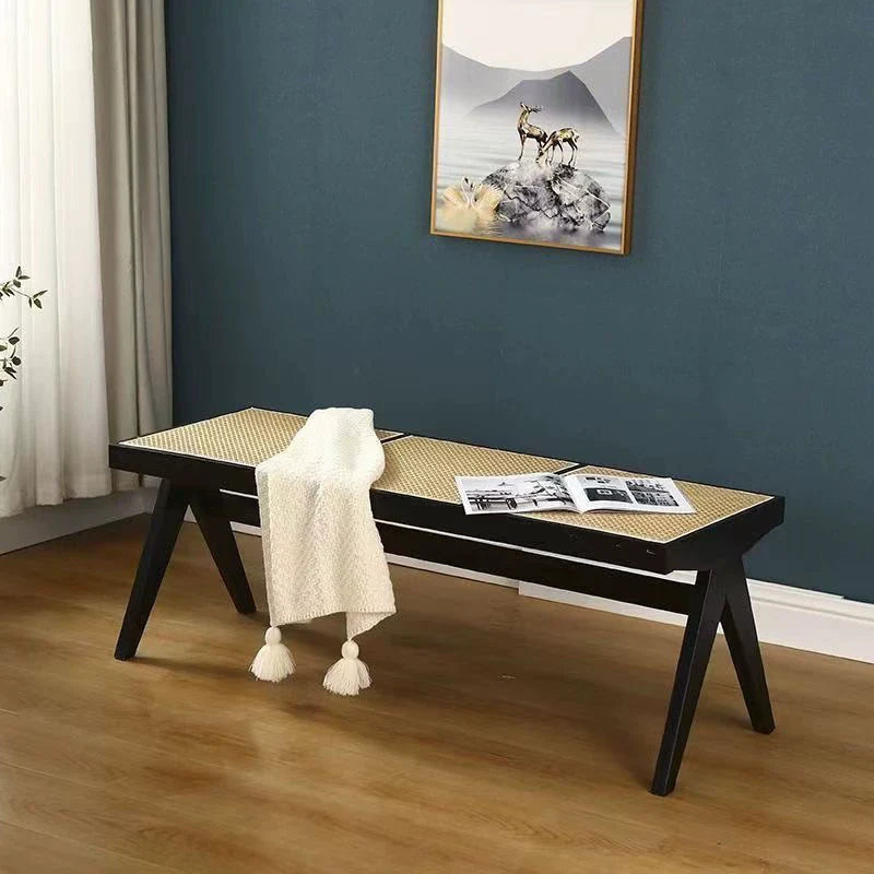 Traditional Japanese Weaving Rubber Wood Rattan Rectangular Square Low Stool Backless For Dining Room