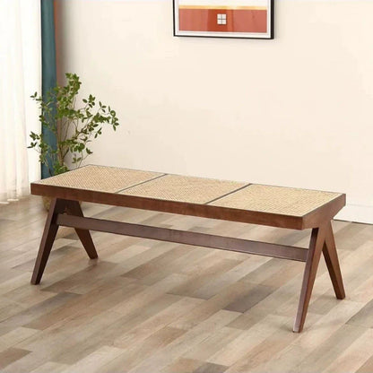 Traditional Japanese Weaving Rubber Wood Rattan Rectangular Square Low Stool Backless For Dining Room