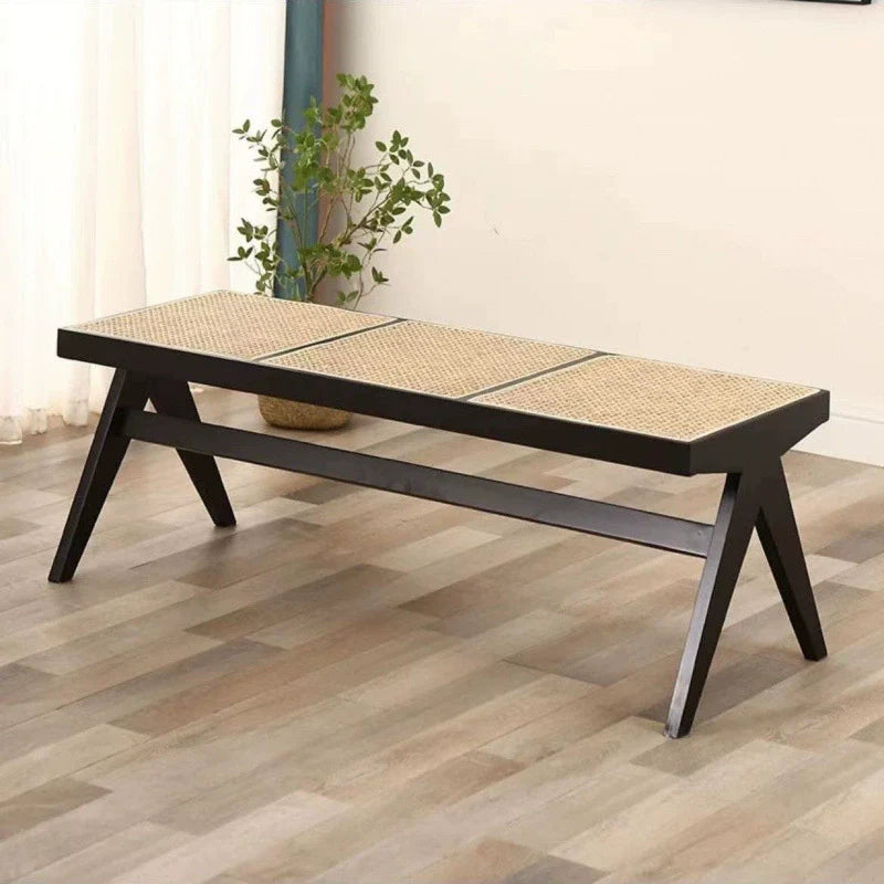 Traditional Japanese Weaving Rubber Wood Rattan Rectangular Square Low Stool Backless For Dining Room