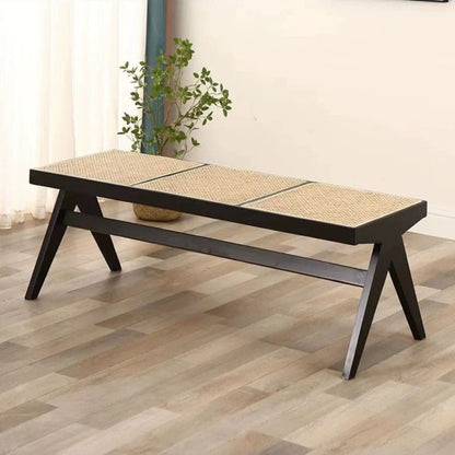 Traditional Japanese Weaving Rubber Wood Rattan Rectangular Square Low Stool Backless For Dining Room