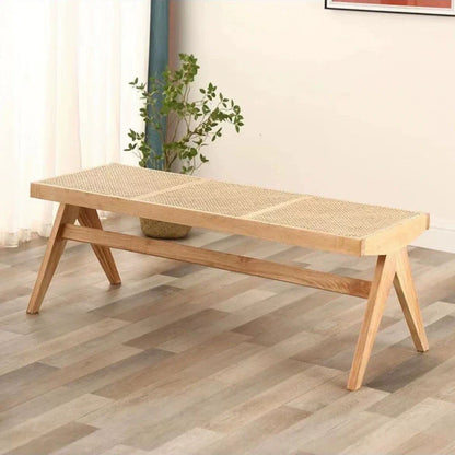 Traditional Japanese Weaving Rubber Wood Rattan Rectangular Square Low Stool Backless For Dining Room