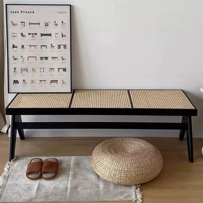 Traditional Japanese Weaving Rubber Wood Rattan Rectangular Square Low Stool Backless For Dining Room