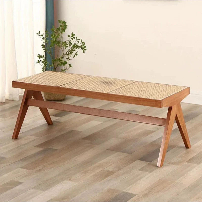 Traditional Japanese Weaving Rubber Wood Rattan Rectangular Square Low Stool Backless For Dining Room