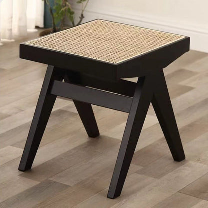 Traditional Japanese Weaving Rubber Wood Rattan Rectangular Square Low Stool Backless For Dining Room