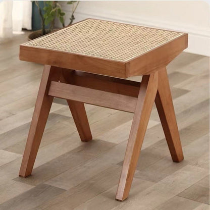 Traditional Japanese Weaving Rubber Wood Rattan Rectangular Square Low Stool Backless For Dining Room
