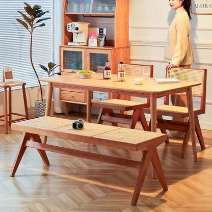 Traditional Japanese Weaving Rubber Wood Rattan Rectangular Square Low Stool Backless For Dining Room