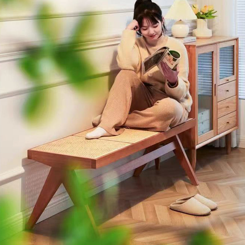 Traditional Japanese Weaving Rubber Wood Rattan Rectangular Square Low Stool Backless For Dining Room