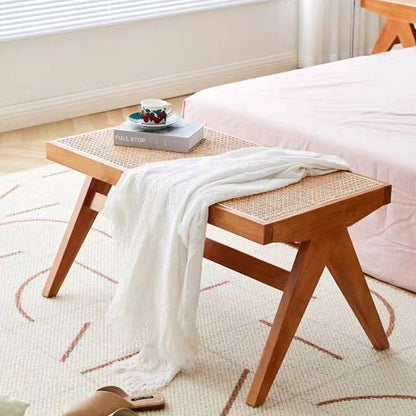 Traditional Japanese Weaving Rubber Wood Rattan Rectangular Square Low Stool Backless For Dining Room