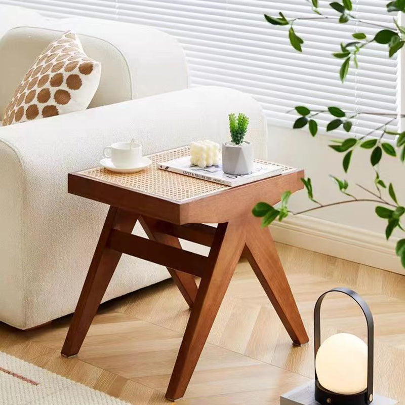 Traditional Japanese Weaving Rubber Wood Rattan Rectangular Square Low Stool Backless For Dining Room