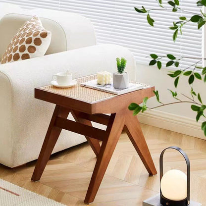 Traditional Japanese Weaving Rubber Wood Rattan Rectangular Square Low Stool Backless For Dining Room