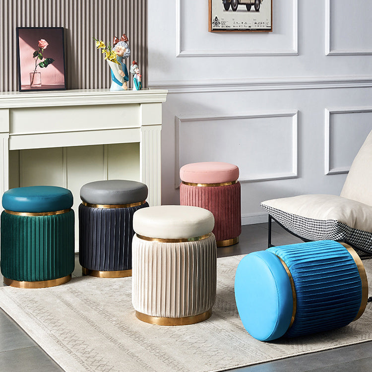 Contemporary Scandinavian Velvet Wood Stainless Steel Microfiber Leather Sponge Round Striped Vanity Stool Backless For Bedroom
