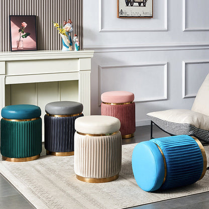 Contemporary Scandinavian Velvet Wood Stainless Steel Microfiber Leather Sponge Round Striped Vanity Stool Backless For Bedroom