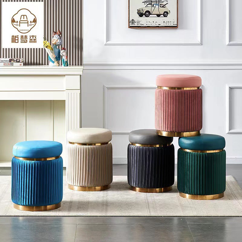 Contemporary Scandinavian Velvet Wood Stainless Steel Microfiber Leather Sponge Round Striped Vanity Stool Backless For Bedroom