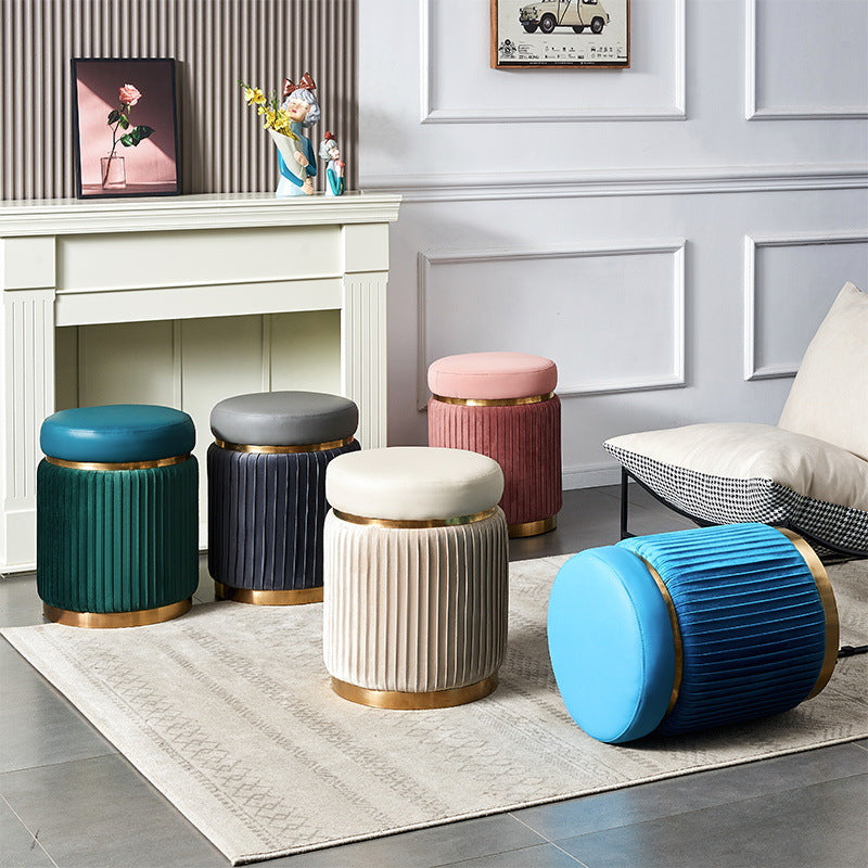 Contemporary Scandinavian Velvet Wood Stainless Steel Microfiber Leather Sponge Round Striped Vanity Stool Backless For Bedroom