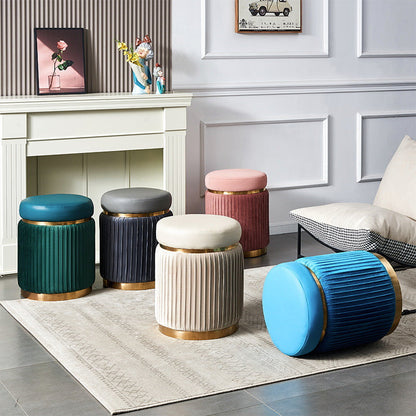 Contemporary Scandinavian Velvet Wood Stainless Steel Microfiber Leather Sponge Round Striped Vanity Stool Backless For Bedroom
