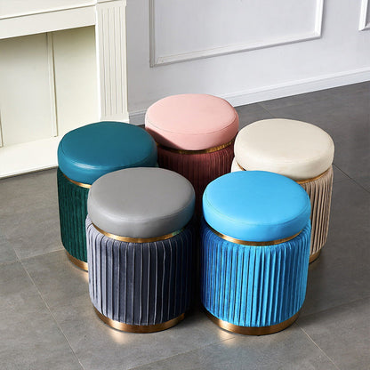 Contemporary Scandinavian Velvet Wood Stainless Steel Microfiber Leather Sponge Round Striped Vanity Stool Backless For Bedroom