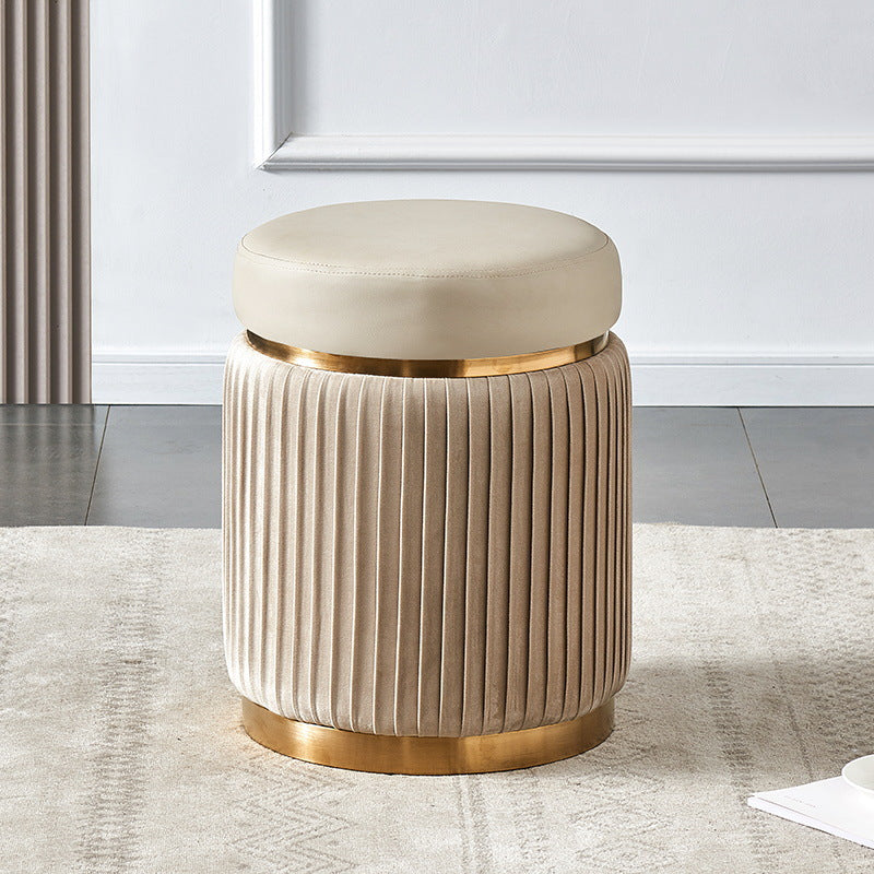 Contemporary Scandinavian Velvet Wood Stainless Steel Microfiber Leather Sponge Round Striped Vanity Stool Backless For Bedroom