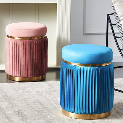 Contemporary Scandinavian Velvet Wood Stainless Steel Microfiber Leather Sponge Round Striped Vanity Stool Backless For Bedroom